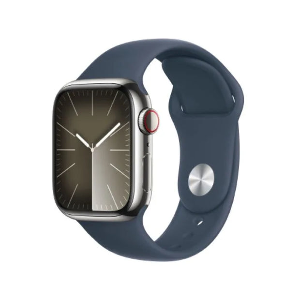 Apple Watch Series 9 Silver Stainless Steel Case with Storm Blue Sport Band